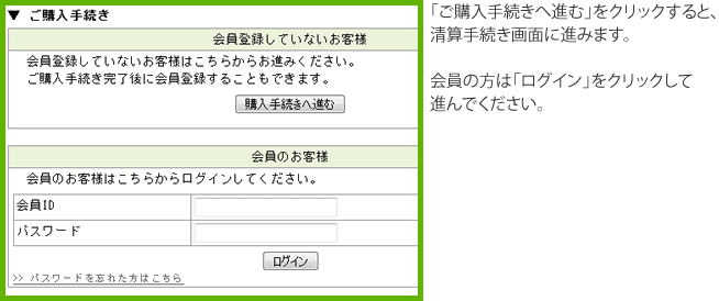 「ご購入手続きへ進む」をクリックすると、清算手続き画面に進みます。会員の方は「ログイン」をクリックして進んでください